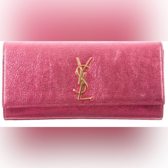 Metallic pink leather SAINT LAURENT Monogram Kate clutch with gold-tone hardware - Picture 1 of 5